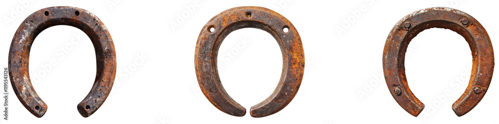 Old rusty horseshoe isolated on transparent background, Set of Old rusty horseshoe isolated on transparent background, Set of