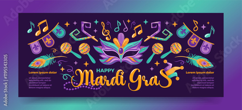 A vibrant horizontal banner for Mardi Gras and Carnival, featuring colorful masks adorned with feathers, festive garlands, and cheerful maracas. Perfect for celebrating joy and tradition in style