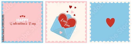 Happy Valentines Day cards set. Coquette retro cover and leaf. Cute poster with envelope, heart
