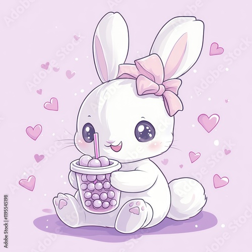 Cute bunny drinking boba tea, pastel background, kawaii style, kids print photo