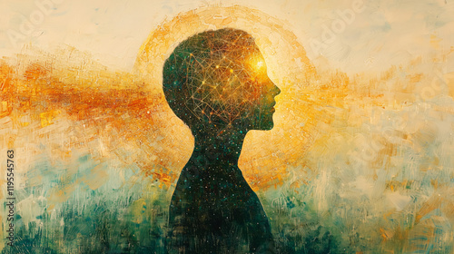 Silhouette of a person with spiritual mandalas and glowing golden light