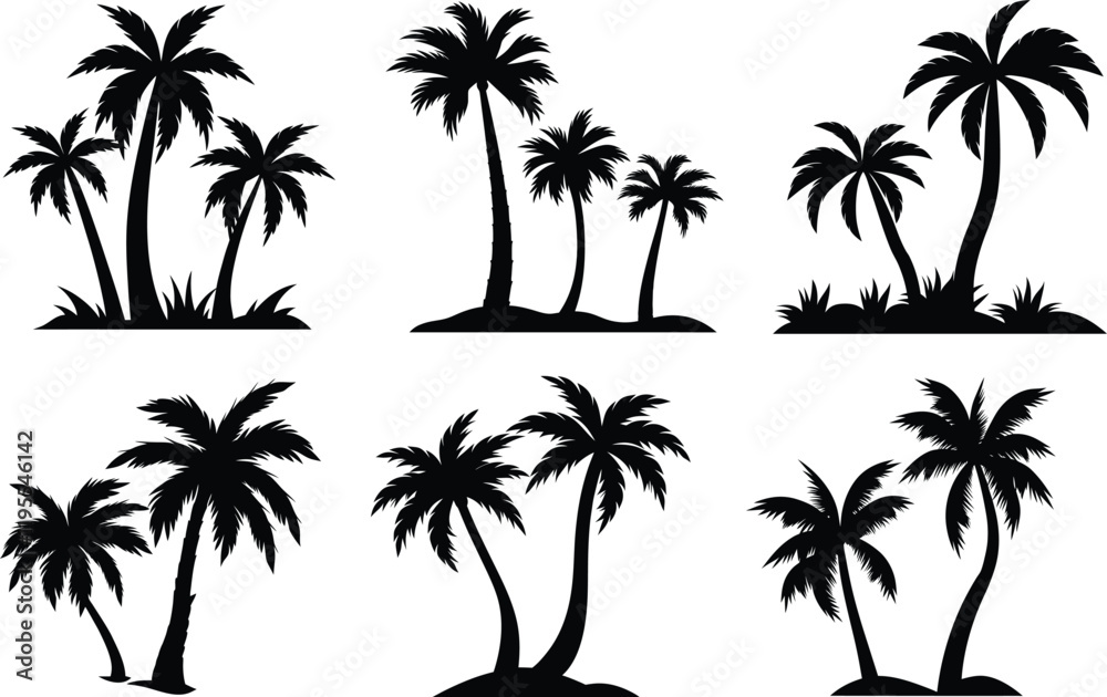 Fototapeta premium Set of palm trees silhouette art black and white vector illustration on white background