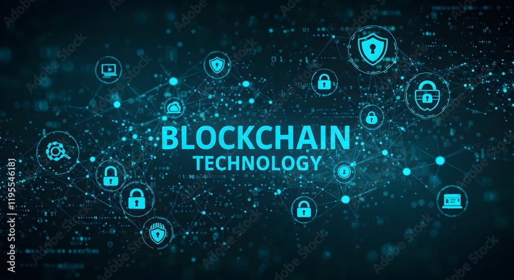 Blockchain technology concept with interconnected devices and nodes. Digital network showcasing blockchain technology with security icons. Blockchain technology concept with interconnected devices and nodes. Digital network showcasing blockchain technology with security icons.