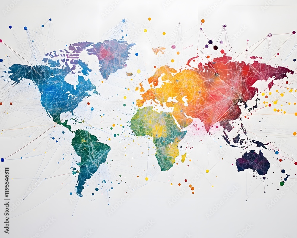 Fototapeta premium A vibrant and artistic world map, showcasing colors that represent different cultures. Ideal for educational and creative projects, highlighting global diversity and connection.