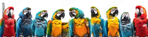 Vibrant Macaw Parrots in Action Against a Bright White Canvas