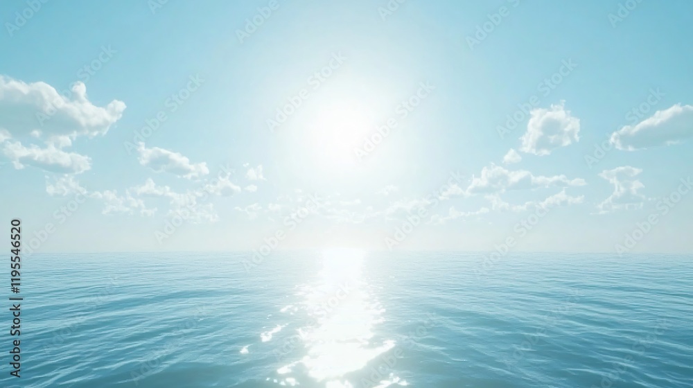 Serene Ocean Landscape: Calm Sea Under Sunny Sky Serene Ocean Landscape: Calm Sea Under Sunny Sky