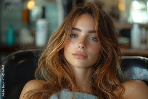stunning advertisement showcasing a beautiful girl in a hairdressing chair radiating confidence and style with contemporary salon interiors enhancing the glamour of the beauty industry