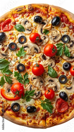 Appetising pizza with mushrooms, olives, tomatoes and herbs. Suitable for advertising pizzerias, cookery blogs, restaurant menus.