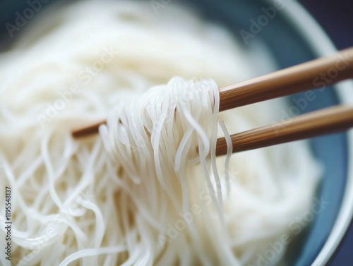 Close-up of rice noodles in a bowl with chopsticks. Featuring long, thin noodles. Highlighting Asian cuisine and meal. Ideal for culinary and food content. photo