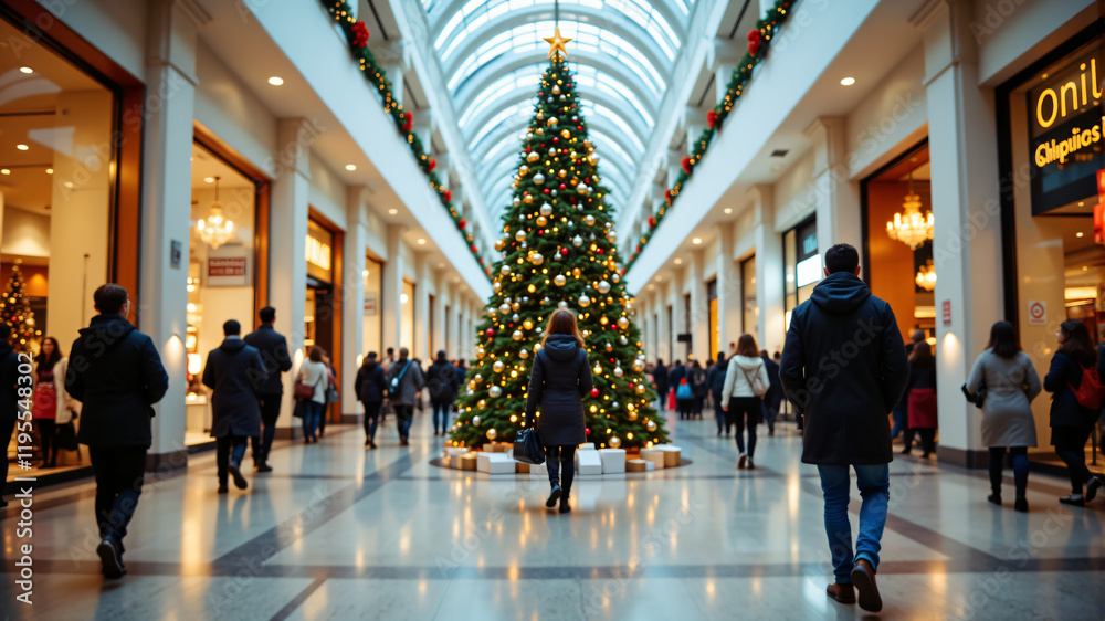 A bustling shopping mall adorned with a beautifully decorated Christmas tree, filled with holiday spirit.
