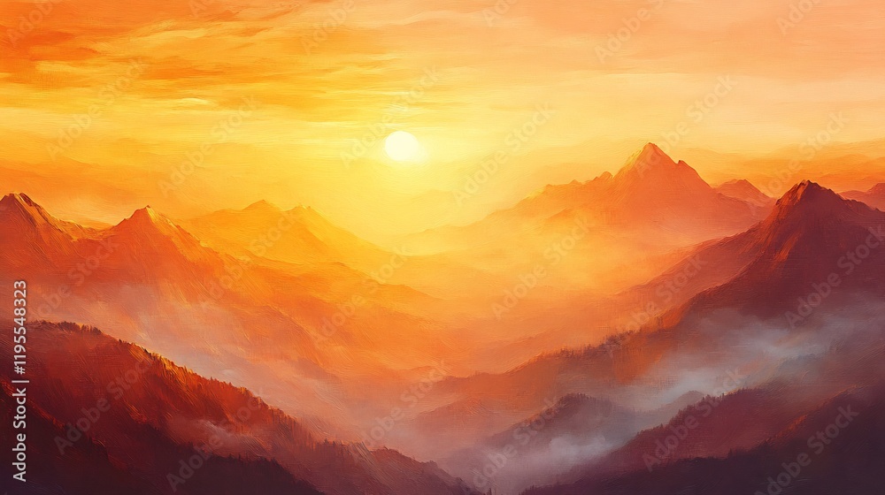 Obraz premium Golden Hour Mountain Range Dramatic Sunrise Warm Hues Misty Peaks. AI Generated