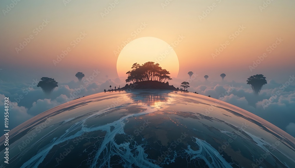 Obraz premium Sunset over a surreal island in a dreamy cloudscape