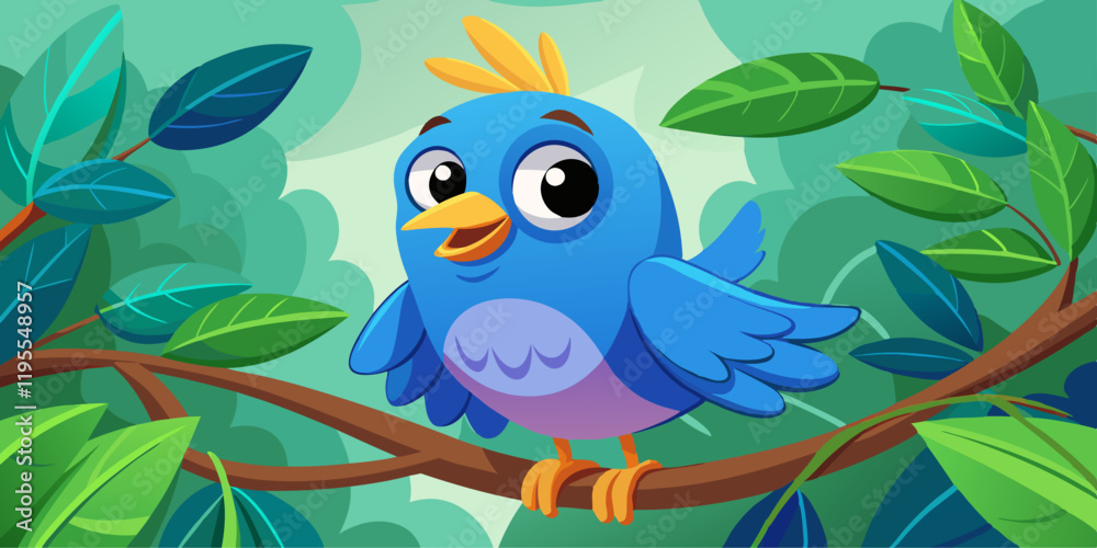 Naklejka premium Cartoon Blue Bird with Cheerful Expression Perched on Branch in Vibrant Colors