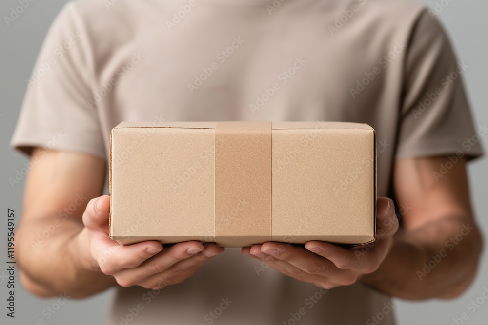 Person holds a cardboard box while standing against a neutral background Person holds a cardboard box while standing against a neutral background