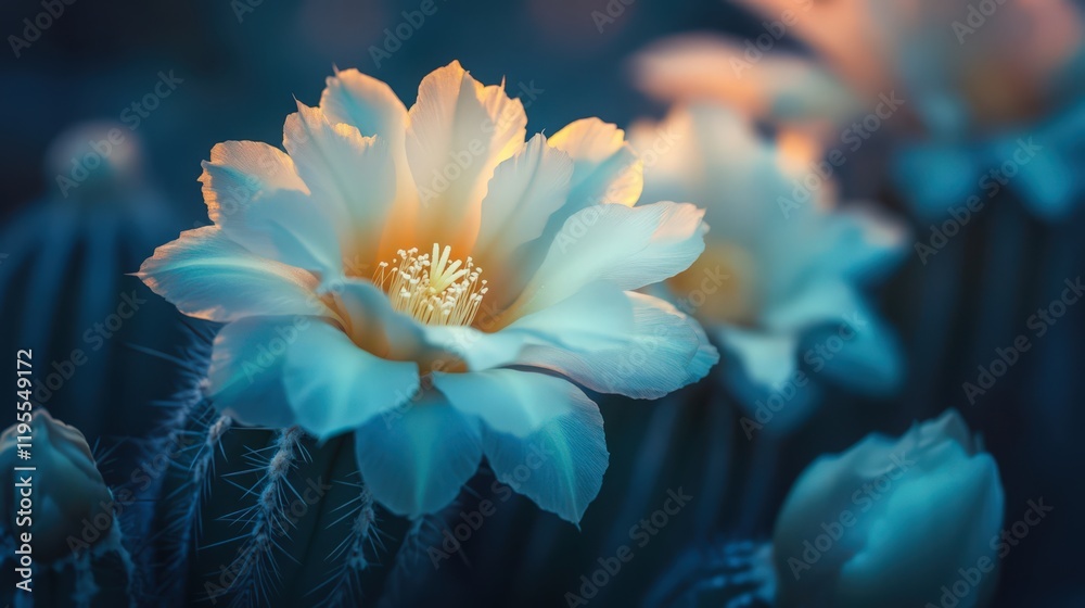 Elegant White Cactus Flowers Blooming at Dusk with Warm Light Accents and Blue Tones Elegant White Cactus Flowers Blooming at Dusk with Warm Light Accents and Blue Tones