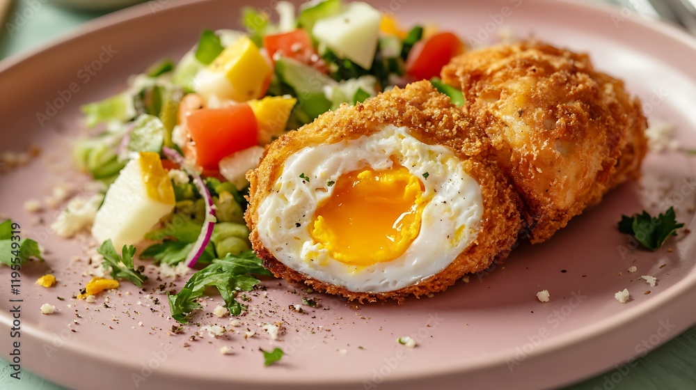 Close up of fried eggs omelet roll and vegetables salad on pink dish Close up of fried eggs omelet roll and vegetables salad on pink dish