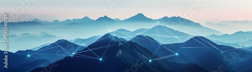 A breathtaking view of majestic mountains shrouded in mist, capturing a sense of tranquility and natural beauty. The harmonious blend of blue tones enhances the serene atmosphere.