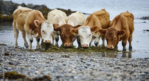 Playful Cows on Brora Beach Enjoying Seaweed by the Shore photo