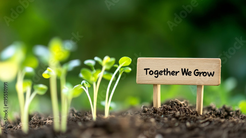 Green seedlings emerging from rich earth beside wooden sign reading inspirational message about collective growth and nurturing potential photo