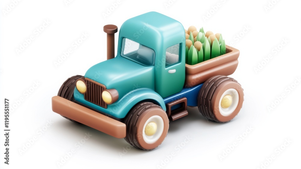 A colorful toy truck with a wooden bed, filled with green plants, designed for children A colorful toy truck with a wooden bed, filled with green plants, designed for children