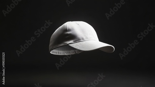 Floating white baseball cap on black background. photo