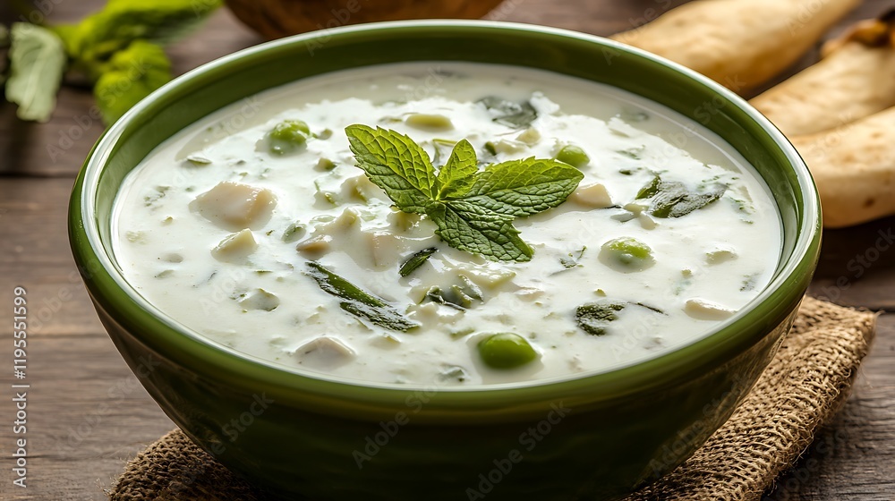 Close up of methi matar malai with white curry with fresh green chilies mint leaves and onions a popular delicious recipe in a green bowl over wooden background Close up of methi matar malai with white curry with fresh green chilies mint leaves and onions a popular delicious recipe in a green bowl over wooden background