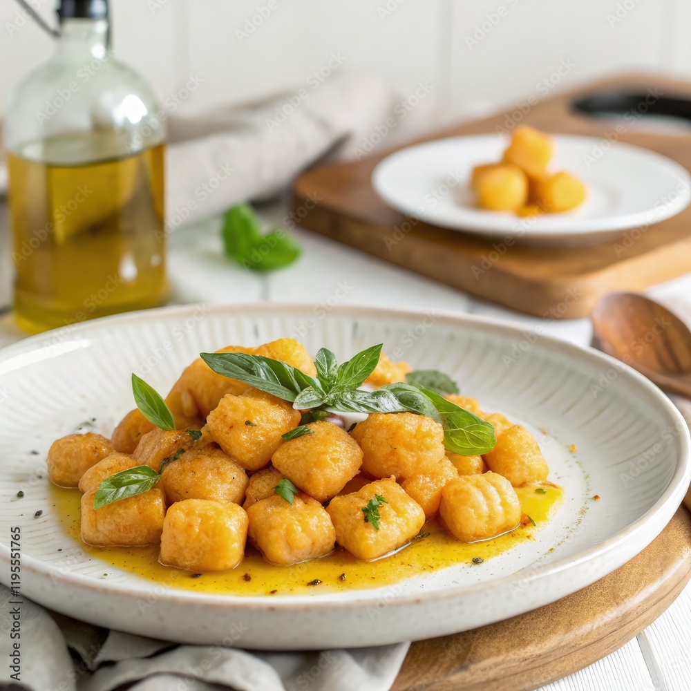 Delicious Vegan Sweet Potato Gnocchi With Fresh Herbs. Generative AI Delicious Vegan Sweet Potato Gnocchi With Fresh Herbs. Generative AI