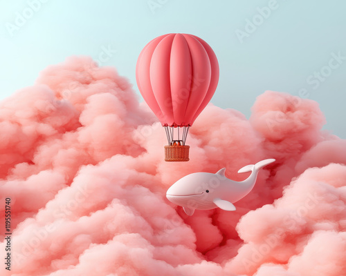 hot air balloon shaped like whale floats above pink clouds, creating whimsical scene. vibrant colors evoke sense of joy and wonder photo