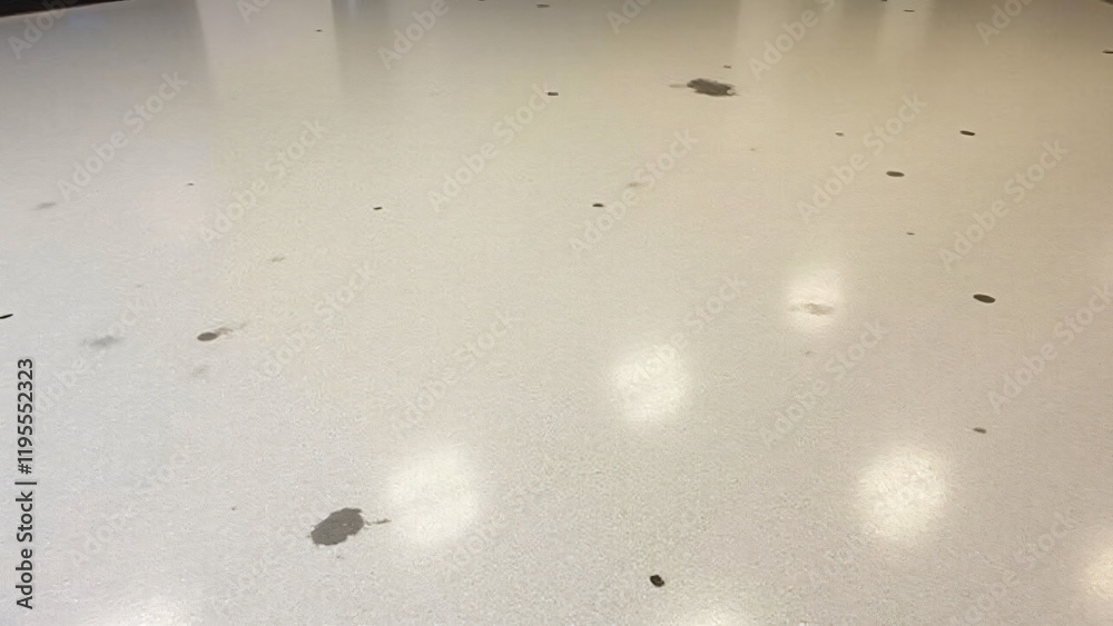 Polished concrete with fine scratches, chips, discoloration, and worn areas from years of use.