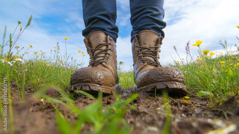 Weathered hiking boots covered in fresh spring mud resting amid colorful wildflowers under bright sunlight Weathered hiking boots covered in fresh spring mud resting amid colorful wildflowers under bright sunlight