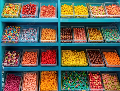 Wallpaper Mural Vibrant Candy Shop Display with a Rainbow of Flavors on Blue Shelves for Sweet Treat Lovers Torontodigital.ca