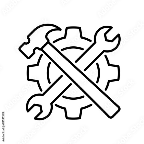 Fix service tools, wrench, hand, hammer, screwdriver, repair instruments, gear, simple line icon. Gears logo line black icon collections. Wheel cogwheel vector.