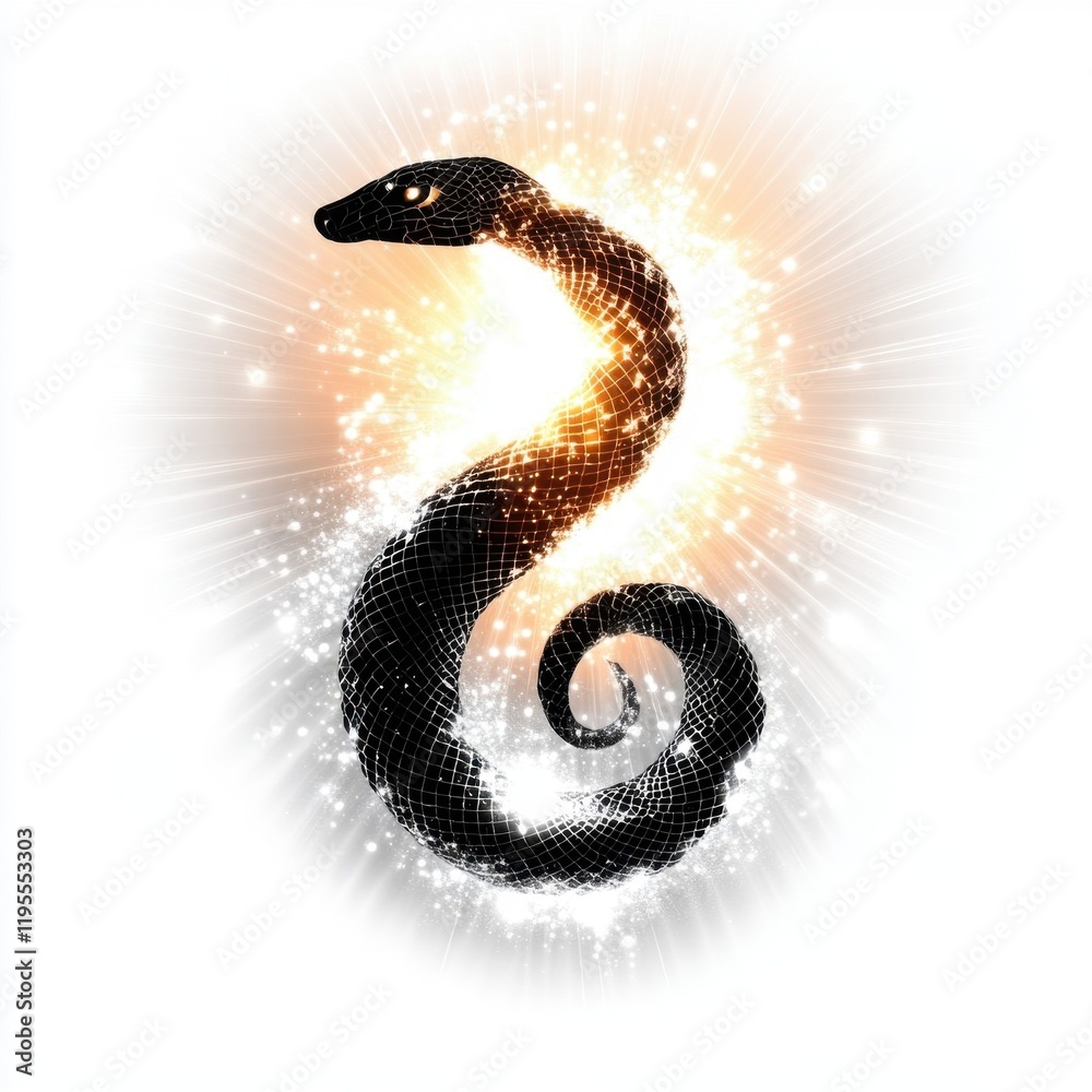 Obraz premium Black snake silhouette with glowing effects and sparkles in the background.