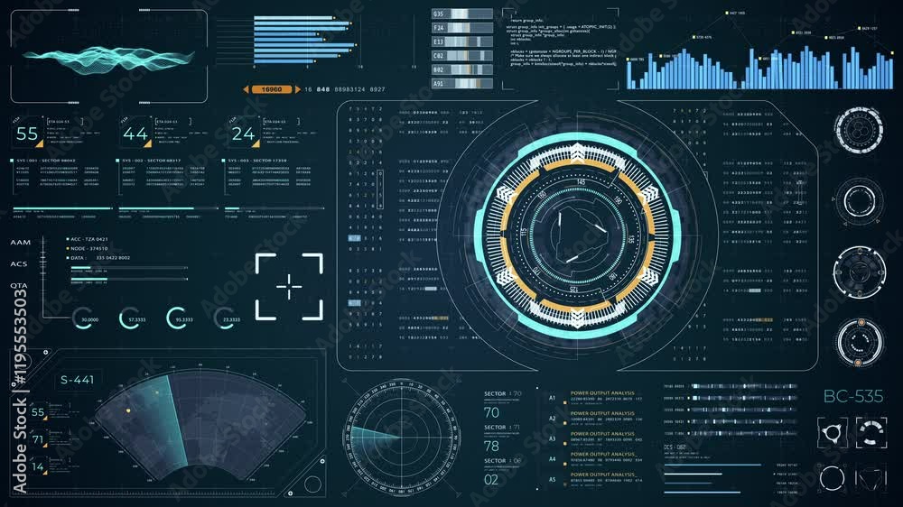 Motion graphic of Blue digital Head up display (HUD UI) and circuit panel technology interface screen with futuristic elements graph and chat panel abstract background video concepts