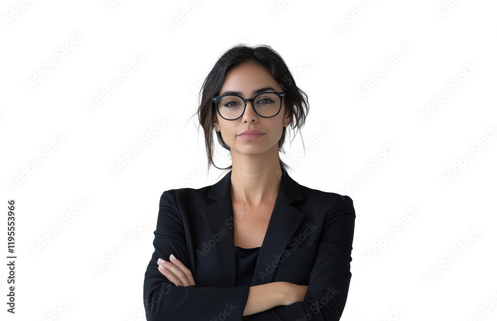 Portrait of a woman with glasses and black jacket with her arms crossed looking straight at the camera Portrait of a woman with glasses and black jacket with her arms crossed looking straight at the camera