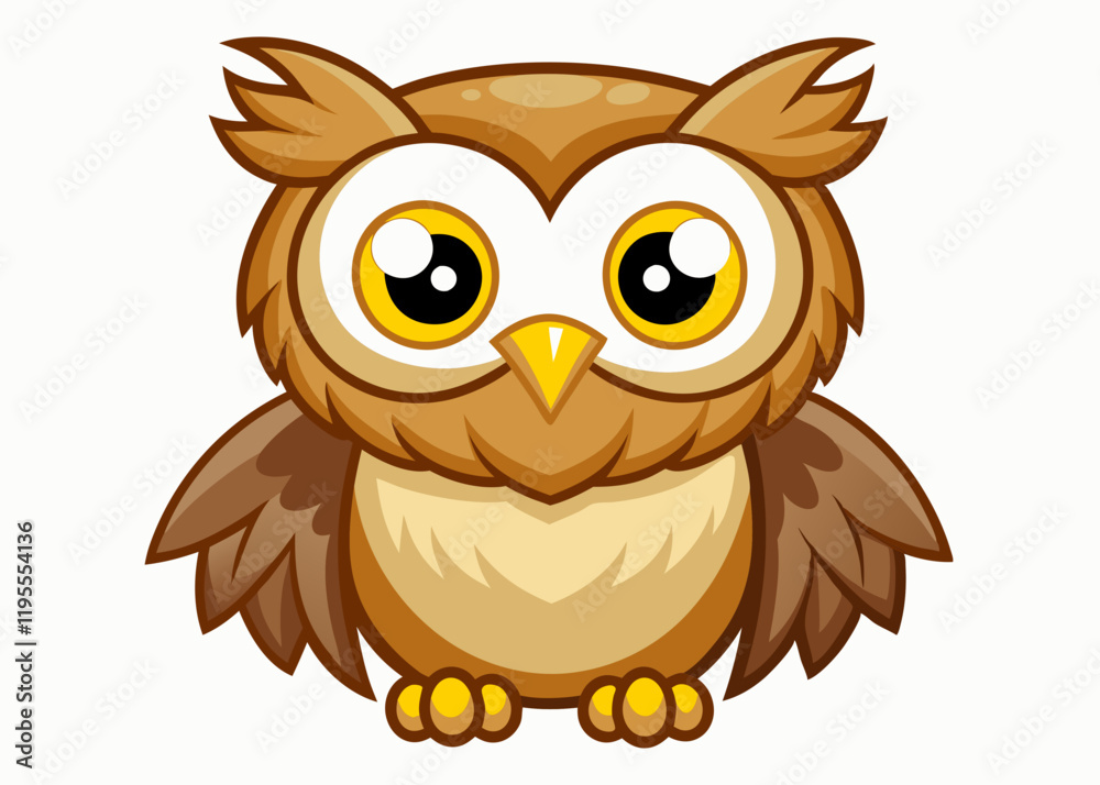 Fototapeta premium Cute Cartoon Owl with Big Yellow Eyes and Adorable Expression in Kawaii Style