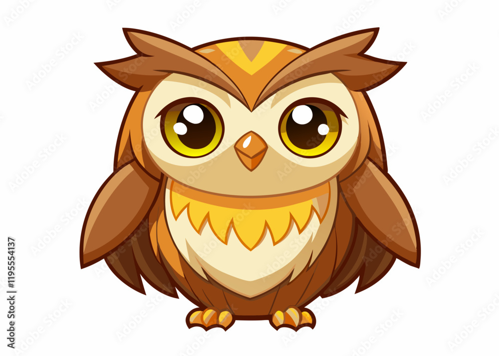 Fototapeta premium Cute Cartoon Owl with Big Yellow Eyes and Adorable Expression in Kawaii Style