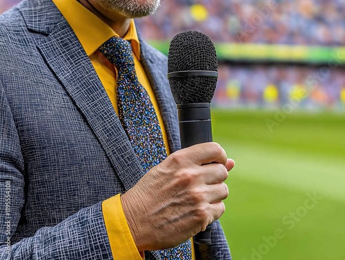 Close up of a soccer commentator preparing to speak during a match at a stadium