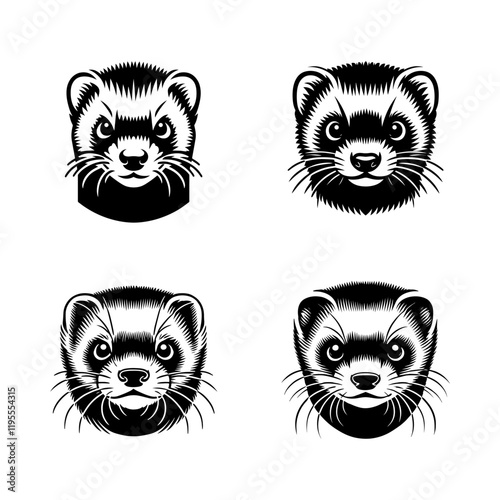 Ferret Face Silhouette Vector Set - Black and White Animal Illustration