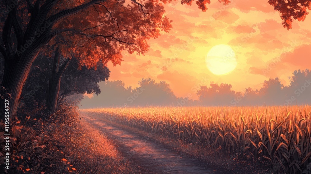 Serene autumn sunset over rustic path and cornfield landscape Serene autumn sunset over rustic path and cornfield landscape