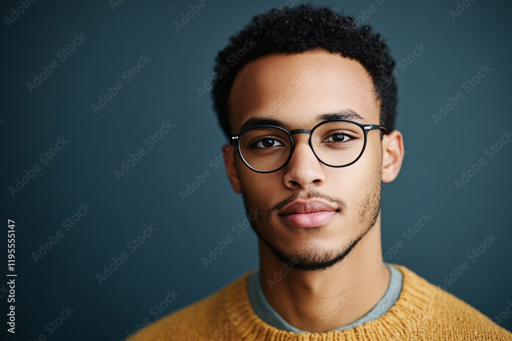 Fototapeta premium Confident young businessman wearing glasses and posing in studio setting with dark blue background