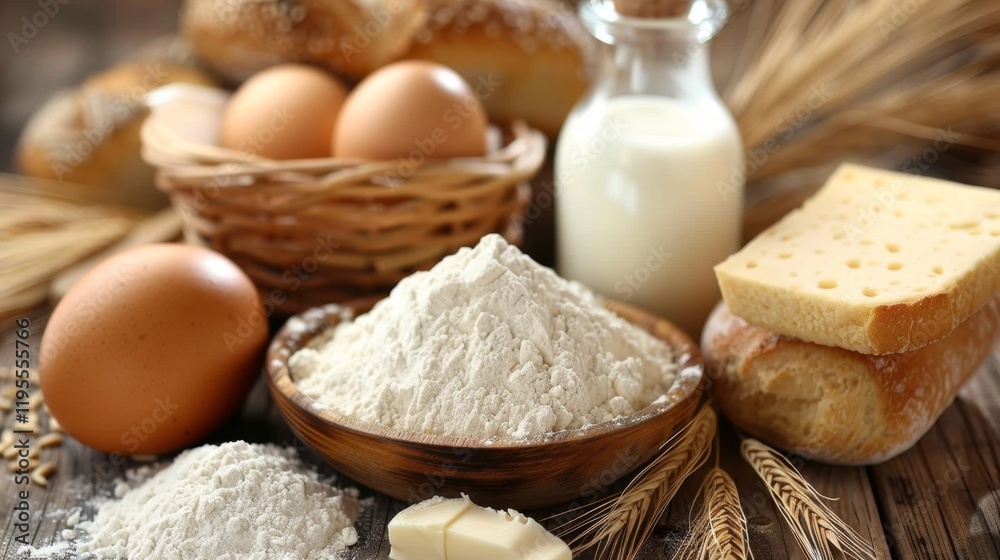 Fresh ingredients for baking bread with flour, eggs, milk, and cheese on a wooden table in a rustic kitchen Fresh ingredients for baking bread with flour, eggs, milk, and cheese on a wooden table in a rustic kitchen