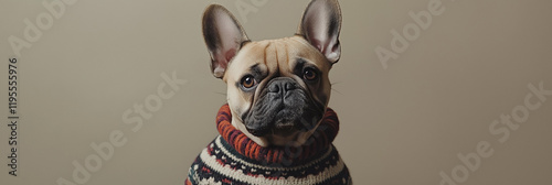 Cute french bulldog in cozy sweater with large ears against neutral background