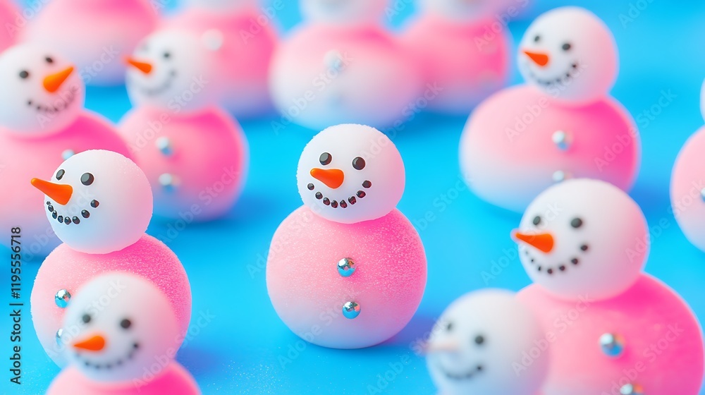 Close up of toy snowmen on colourful background Close up of toy snowmen on colourful background