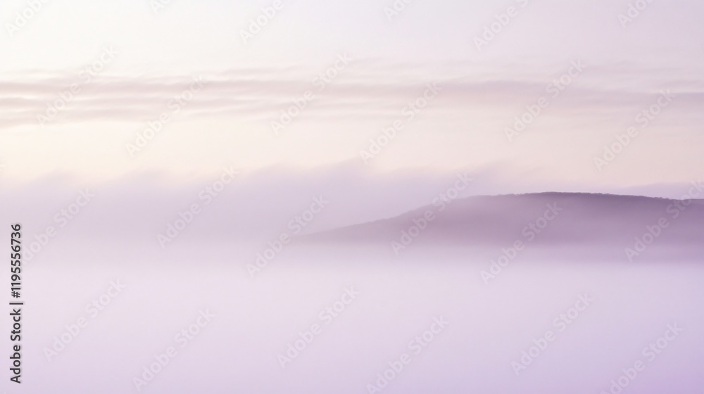 Fototapeta premium Misty Lavender Mountain Landscape, Serene Foggy Sunrise Scenery