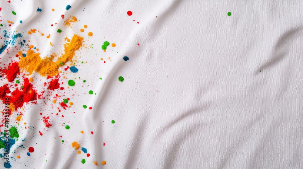 Multicolored holi powder dusting white textile, spreading vivid festive celebration colors with blank background area Multicolored holi powder dusting white textile, spreading vivid festive celebration colors with blank background area