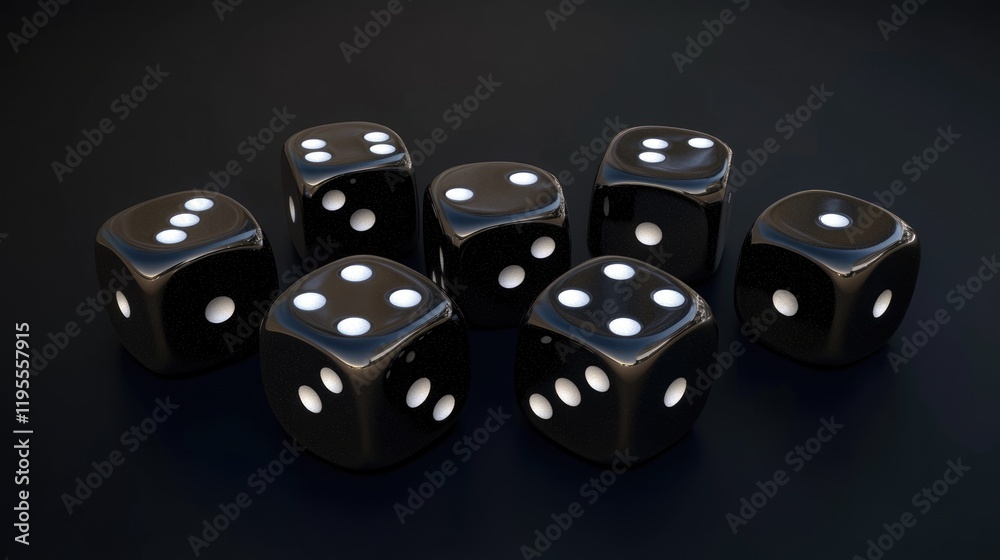 Dynamic 3D Rendering of Suspended Black Dice Displaying Various Numbers in Mid-Roll for Game and Casino Enthusiasts Dynamic 3D Rendering of Suspended Black Dice Displaying Various Numbers in Mid-Roll for Game and Casino Enthusiasts