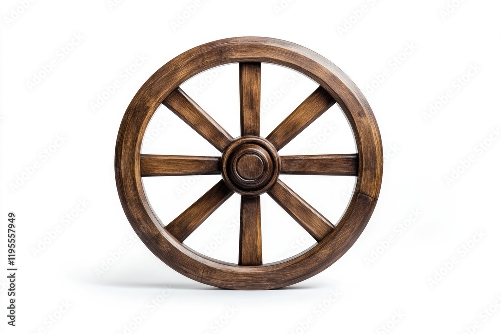 Isolated Rustic Wooden Wheel on White Background with Vintage Charm and Grunge Texture Isolated Rustic Wooden Wheel on White Background with Vintage Charm and Grunge Texture