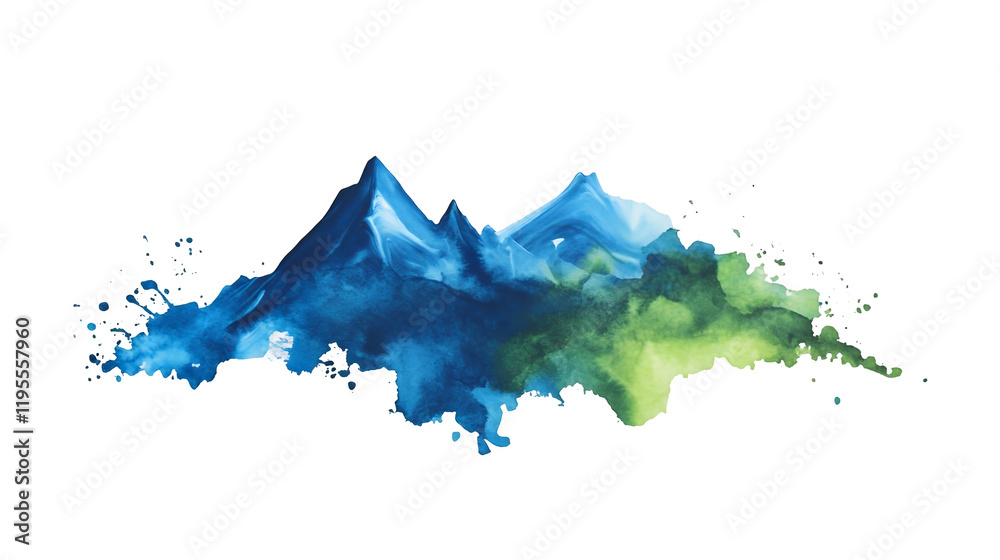 Obraz premium A vibrant splash of blue and green paint forming a mountain landscape in winter isolated on a transparent background, PNG