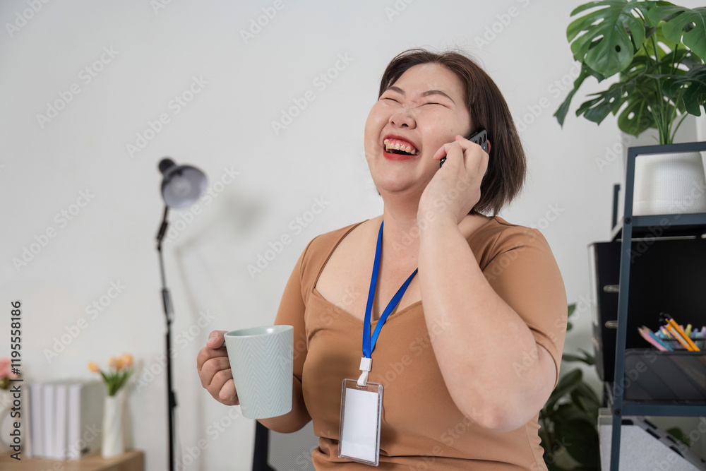 Plump Businesswoman Joyfully Engaging in Work Conversation with Coffee in Modern Office Setting Plump Businesswoman Joyfully Engaging in Work Conversation with Coffee in Modern Office Setting